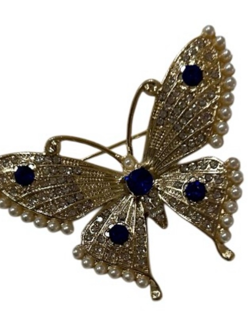 Gold Butterfly Brooch with green Stones and Pearl Accents